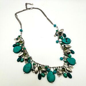 Boho Statement Necklace Silver Tone Green Faux Turquoise Bead Charm Bib Chunky